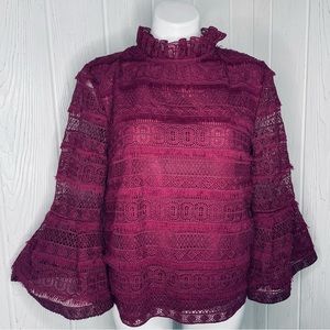 INA Lace Top Medium Lace Maroon Long Sleeve Bell Sleeves Layered Lined